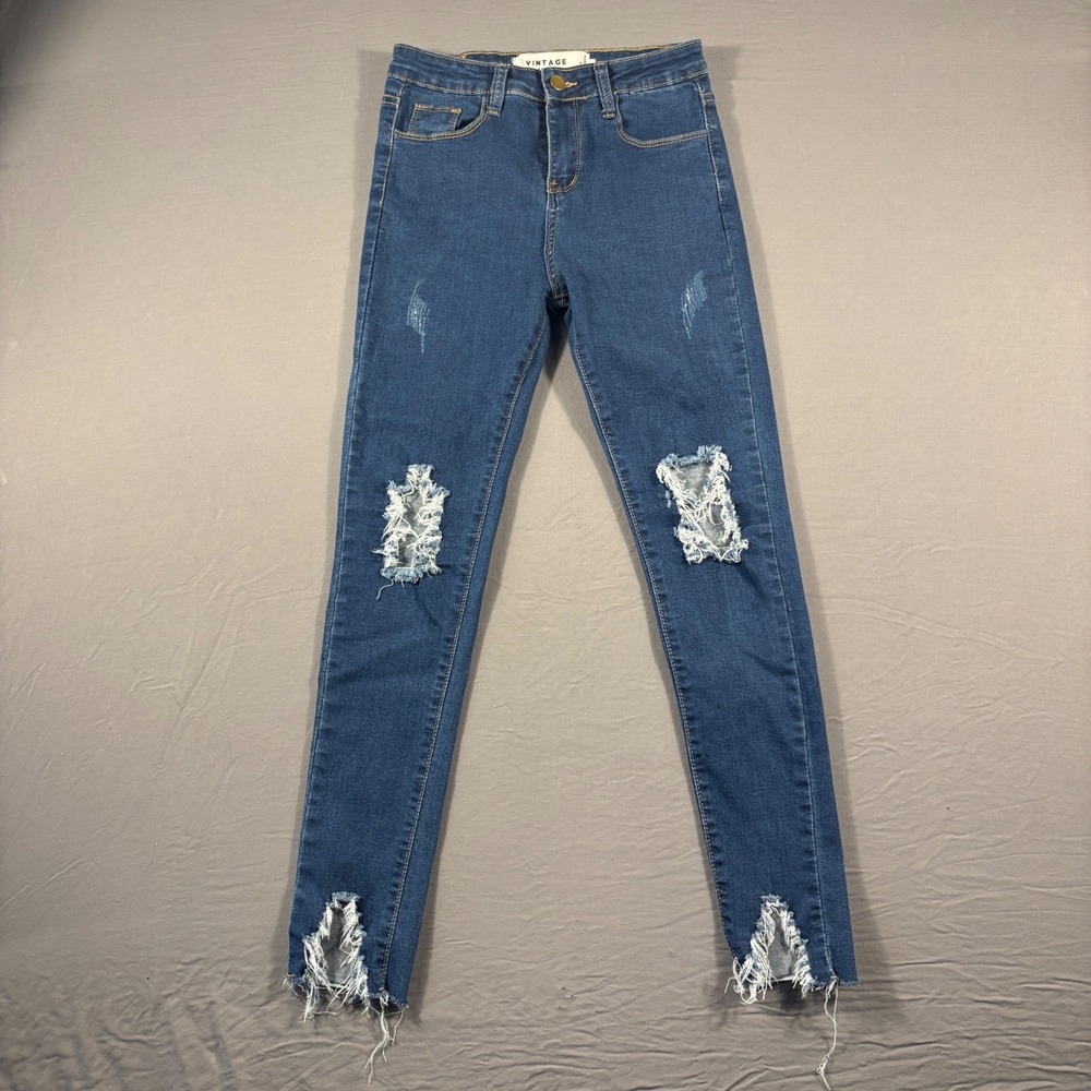 Vintage Queen Womens Distressed Skinny Jeans Medium Wash Frayed Hem Size M